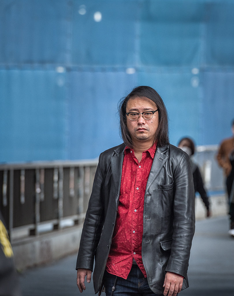 Man in red shirt